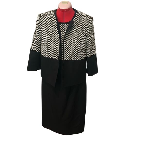 Kasper Business Office Career Chevron Print Black Dress w/ Matching Coat Size 12 - Picture 1 of 7